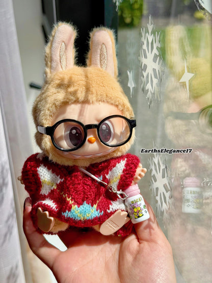 Handmade Knit Labubu Sweater Set – Cozy Red Sweater, Adorable Glasses & Drink Bottle Charm |Doll Clothes for Collectors Gifting|Labubu Cloth