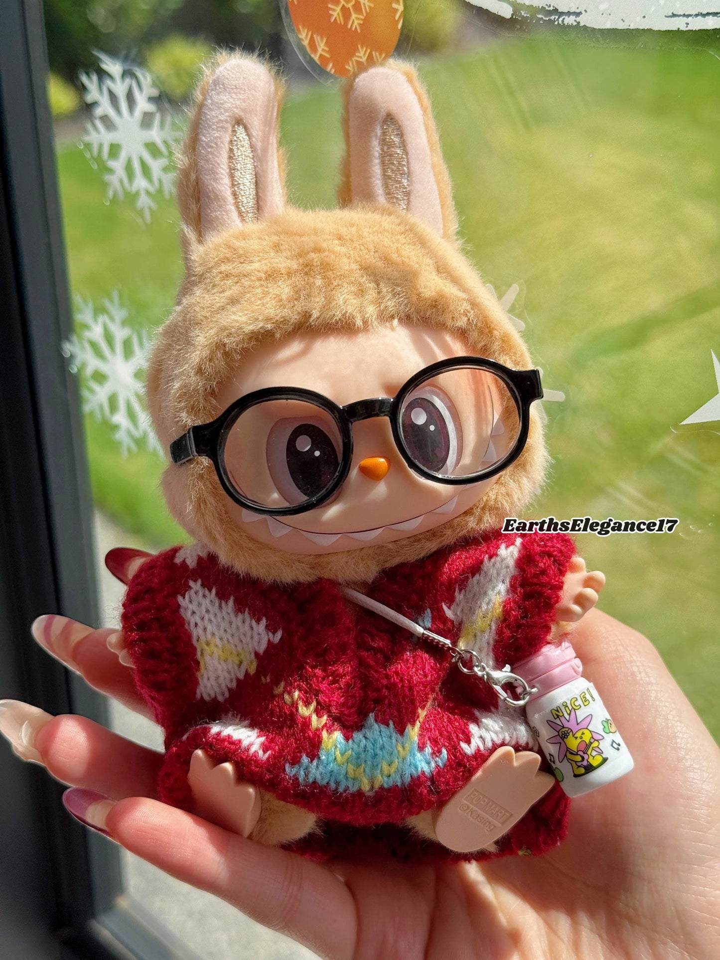 Handmade Knit Labubu Sweater Set – Cozy Red Sweater, Adorable Glasses & Drink Bottle Charm |Doll Clothes for Collectors Gifting|Labubu Cloth