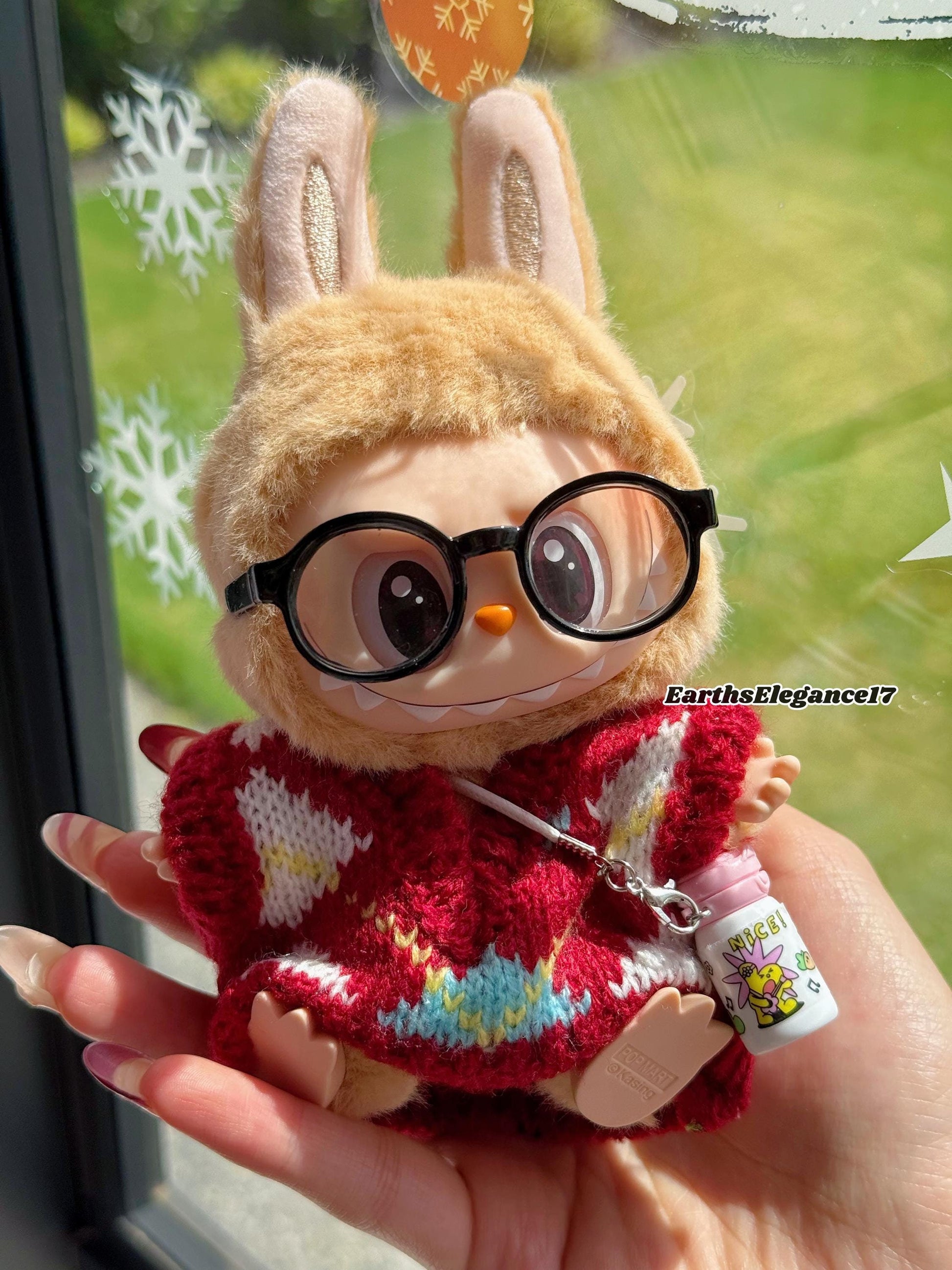 Handmade Knit Labubu Sweater Set – Cozy Red Sweater, Adorable Glasses & Drink Bottle Charm |Doll Clothes for Collectors Gifting|Labubu Cloth