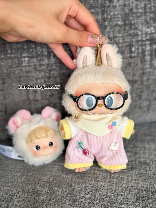 Handmade Kawaii Labubu Baby Bodysuit Set – Pink & Yellow Trim, Adorable Bib, Bunny Cherry Charms, with Glasses | Cute Doll Outfit Gift
