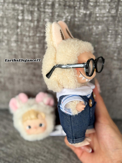 Handmade Kawaii Denim Overall Set for Labubu Dolls – Patterned Shirt, Labubu Glasses | Cute Doll Clothes Gift Labubu Keychain Outfits|
