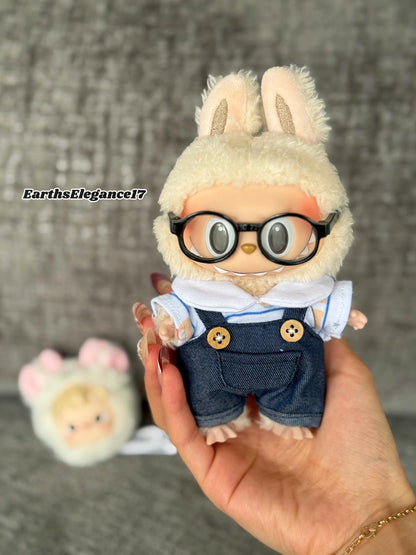 Handmade Kawaii Denim Overall Set for Labubu Dolls – Patterned Shirt, Labubu Glasses | Cute Doll Clothes Gift Labubu Keychain Outfits|