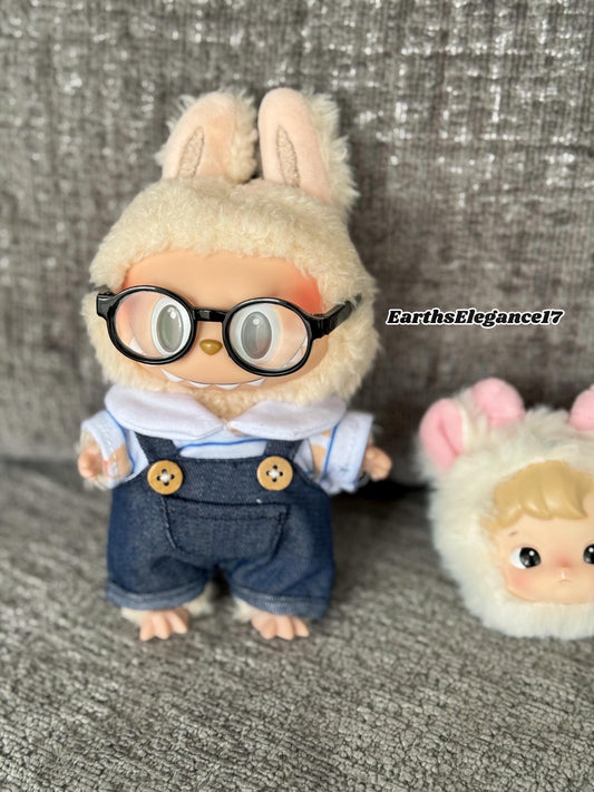 Handmade Kawaii Denim Overall Set for Labubu Dolls – Patterned Shirt, Labubu Glasses | Cute Doll Clothes Gift Labubu Keychain Outfits|