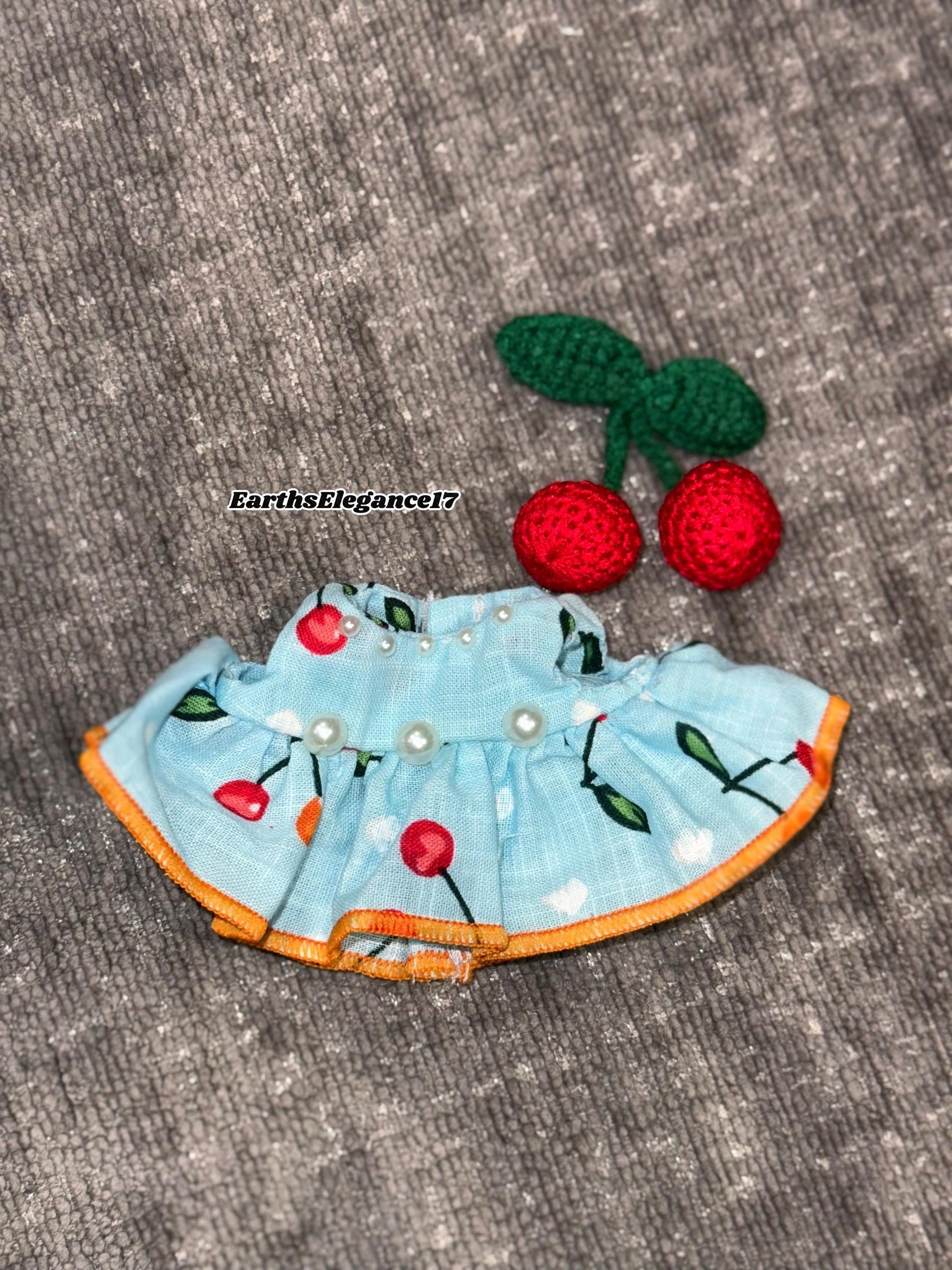 Handmade Labubu Cherry Dress Set for Macaron "Have a Seat" Series | Cotton Fabric Doll Outfit with Crochet Cherry Headpiece| Labubu Dress