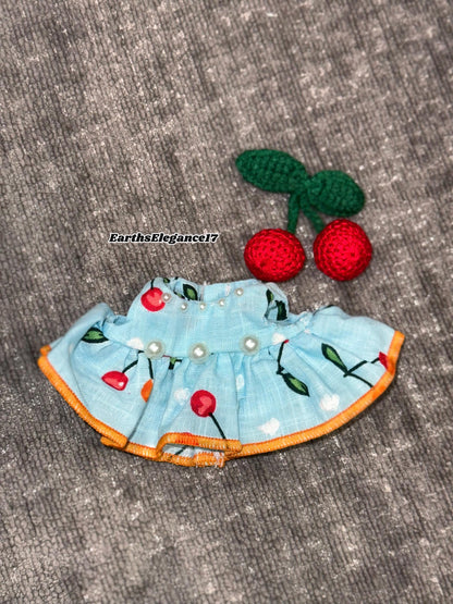 Handmade Labubu Cherry Dress Set for Macaron "Have a Seat" Series | Cotton Fabric Doll Outfit with Crochet Cherry Headpiece| Labubu Dress
