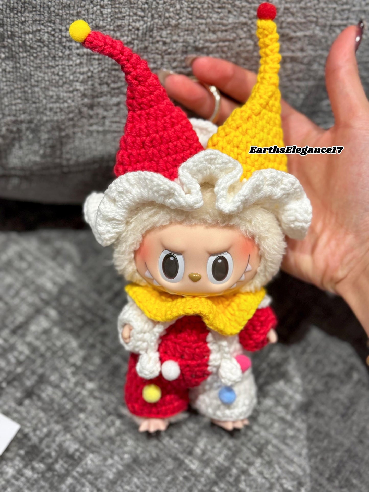 Handmade Crochet Clown Labubu Outfit | Playful Red & Yellow Jester Costume for Labubu Dolls | Perfect Kawaii Gift for Labubu Fans