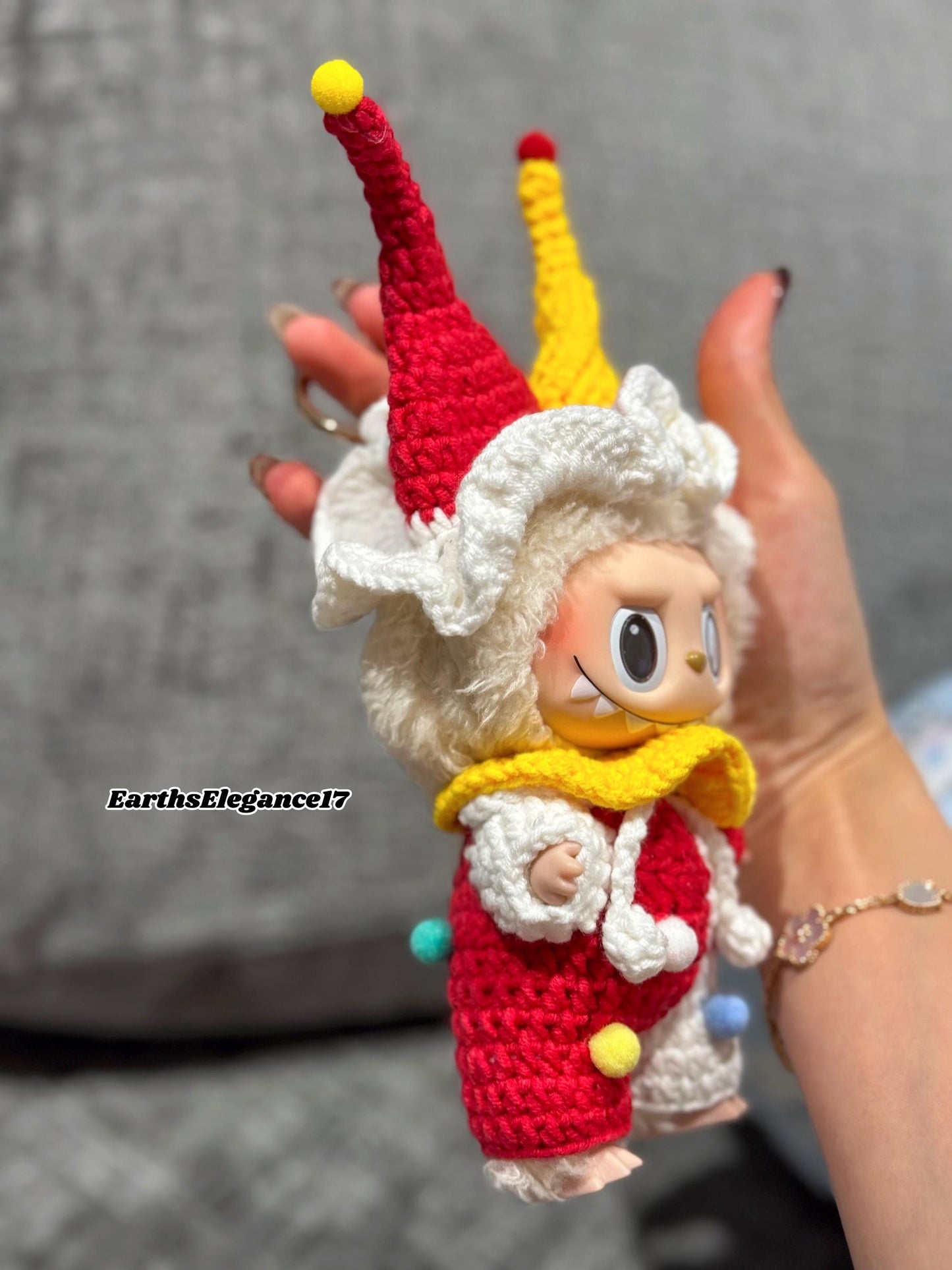 Handmade Crochet Clown Labubu Outfit | Playful Red & Yellow Jester Costume for Labubu Dolls | Perfect Kawaii Gift for Labubu Fans