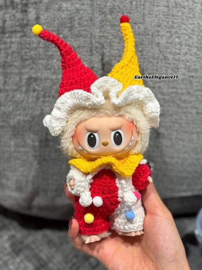 Handmade Crochet Clown Labubu Outfit | Playful Red & Yellow Jester Costume for Labubu Dolls | Perfect Kawaii Gift for Labubu Fans