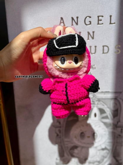 Handmade Crochet Labubu Outfit - Squid Game Guard-Inspired Labubu Clothes Outfit| Square Helmet | K-Drama Fan Gift & Collectible Accessory