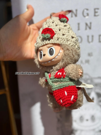 Handmade Strawberry Bikini Set for Labubu | Cute Strawberry Bag & Beanie | Adorable Crochet Labubu Outfit for Collectors