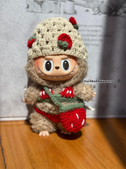 Handmade Strawberry Bikini Set for Labubu | Cute Strawberry Bag & Beanie | Adorable Crochet Labubu Outfit for Collectors