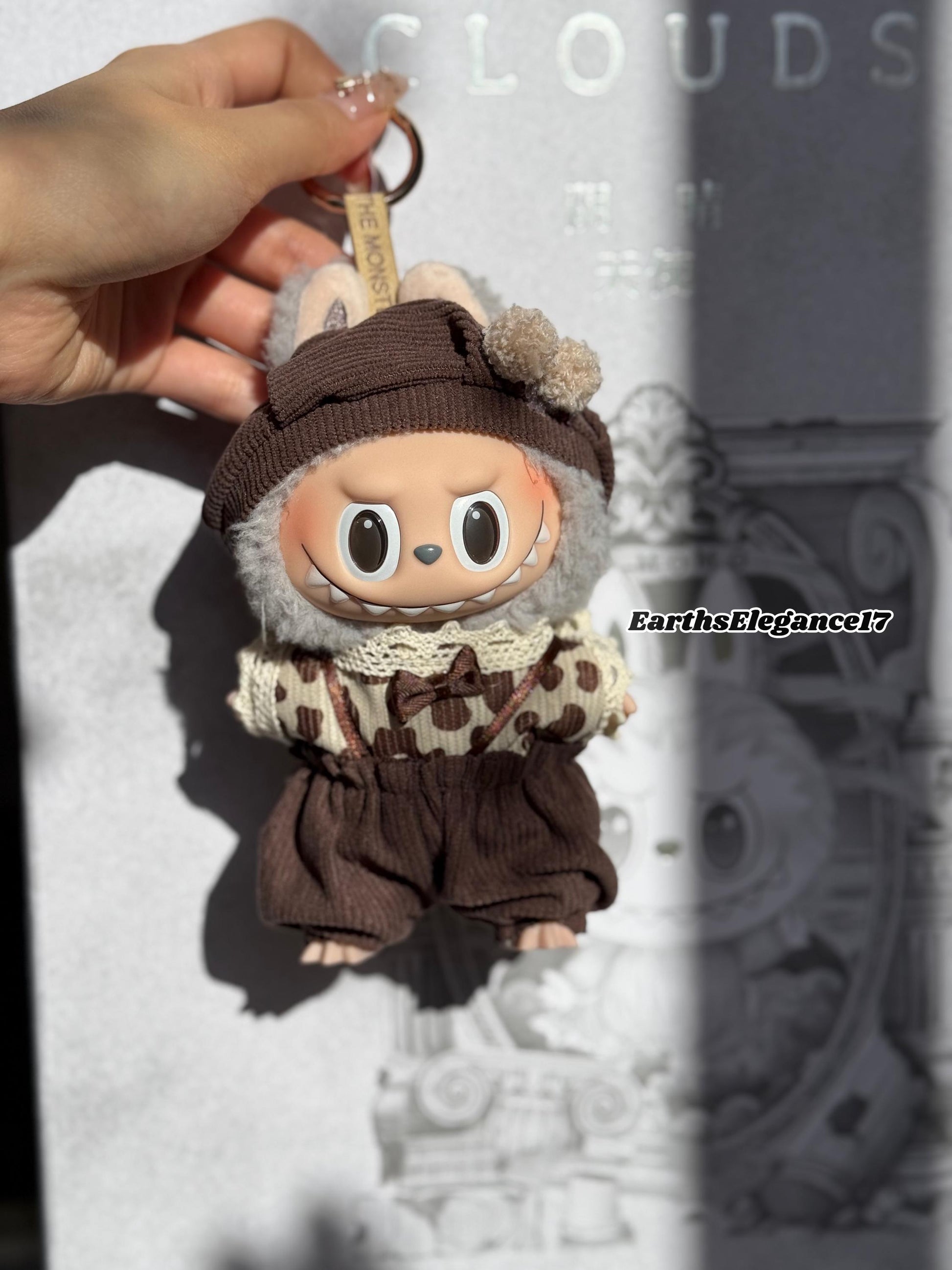 Handmade Labubu Doll Clothes - "Cozy Cocoa Set" Beret Hat w/ Pom-Poms, Lace-Trimmed Leopard Dot Shirt & Brown Overalls Gift for Collectors