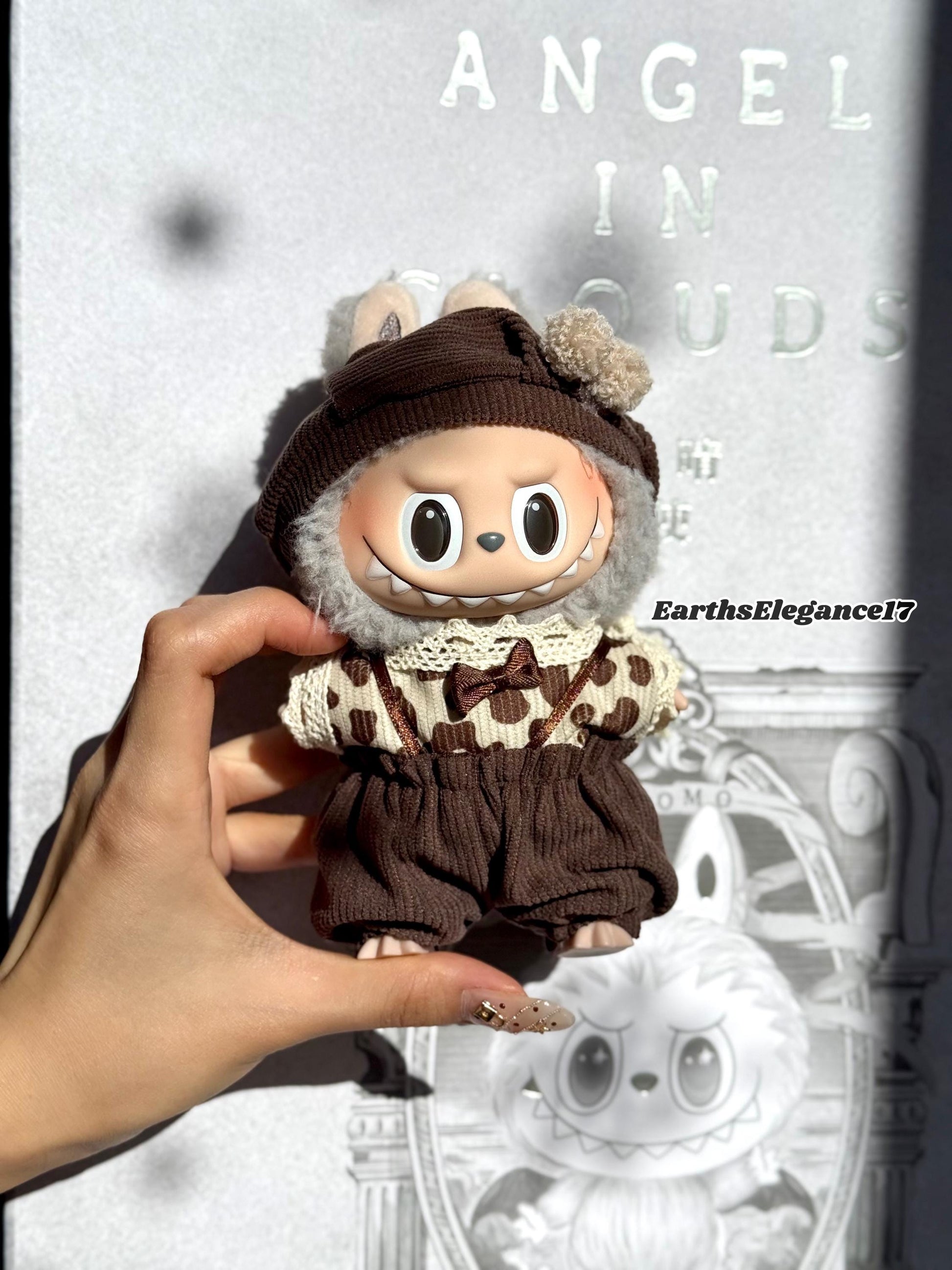 Handmade Labubu Doll Clothes - "Cozy Cocoa Set" Beret Hat w/ Pom-Poms, Lace-Trimmed Leopard Dot Shirt & Brown Overalls Gift for Collectors