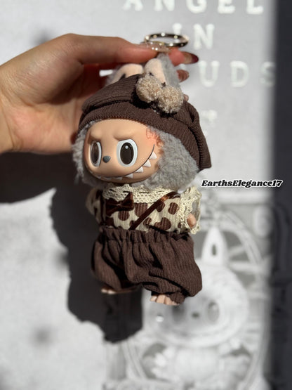 Handmade Labubu Doll Clothes - "Cozy Cocoa Set" Beret Hat w/ Pom-Poms, Lace-Trimmed Leopard Dot Shirt & Brown Overalls Gift for Collectors