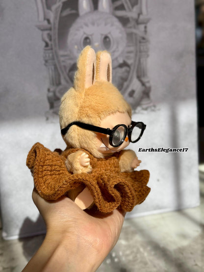 Handmade Crochet Labubu Outfit: Brown Maxi Dress & Turquoise Glasses | Labubu Princess Dress Crochet Doll Clothes| 17cm Doll clothes Gift