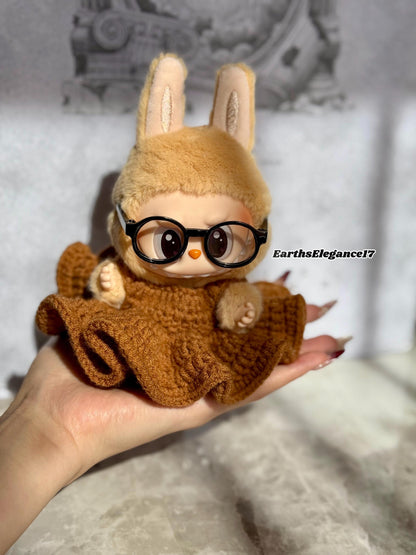 Handmade Crochet Labubu Outfit: Brown Maxi Dress & Turquoise Glasses | Labubu Princess Dress Crochet Doll Clothes| 17cm Doll clothes Gift