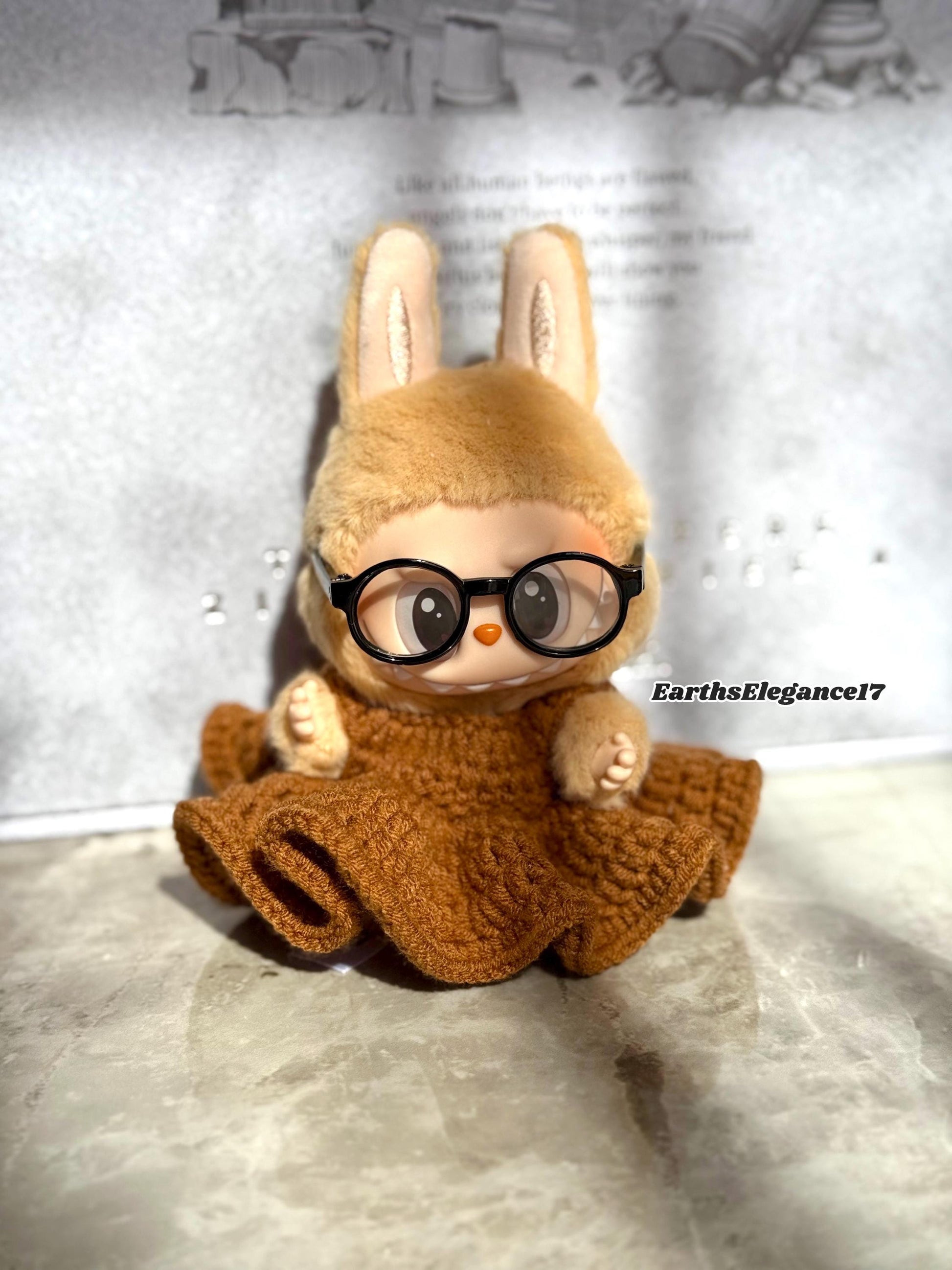 Handmade Crochet Labubu Outfit: Brown Maxi Dress & Turquoise Glasses | Labubu Princess Dress Crochet Doll Clothes| 17cm Doll clothes Gift
