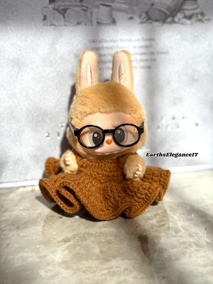 Handmade Crochet Labubu Outfit: Brown Maxi Dress & Turquoise Glasses | Labubu Princess Dress Crochet Doll Clothes| 17cm Doll clothes Gift