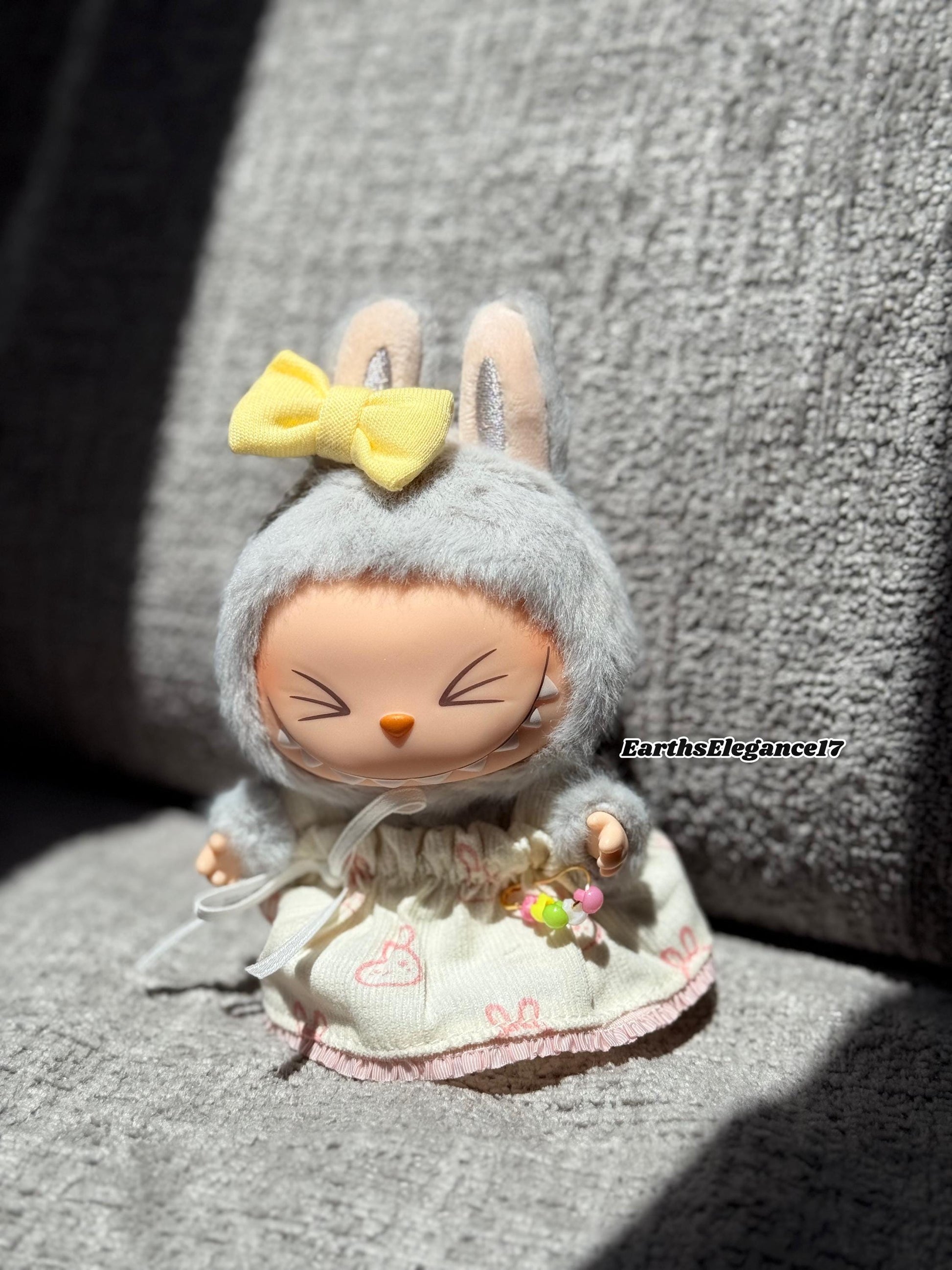 Handmade Labubu Dress with Yellow Bow| Cute Doll Outfit | Miniature Bunny Dress| Collectible Doll Clothes | Custom Doll Fashion