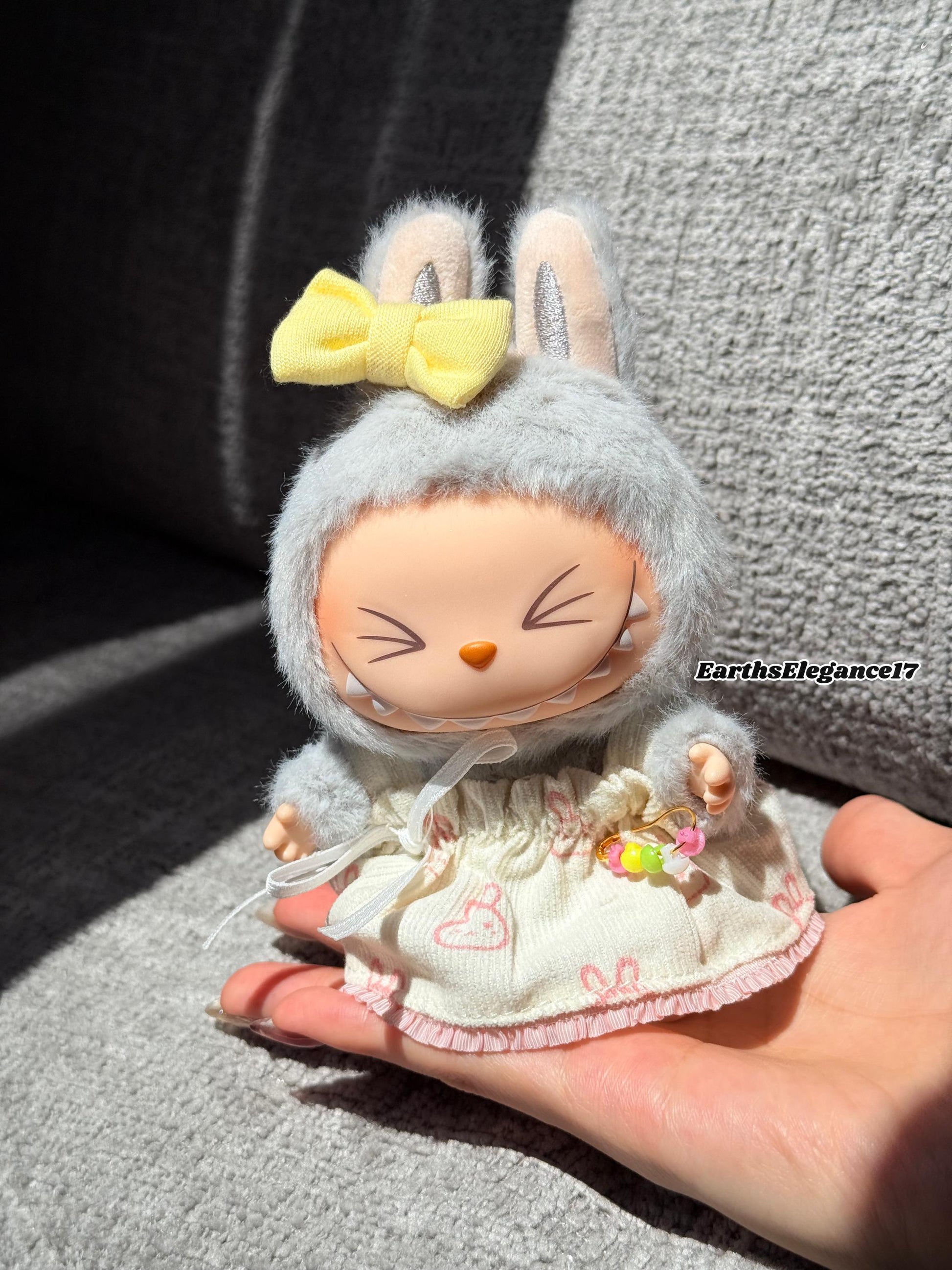Handmade Labubu Dress with Yellow Bow| Cute Doll Outfit | Miniature Bunny Dress| Collectible Doll Clothes | Custom Doll Fashion