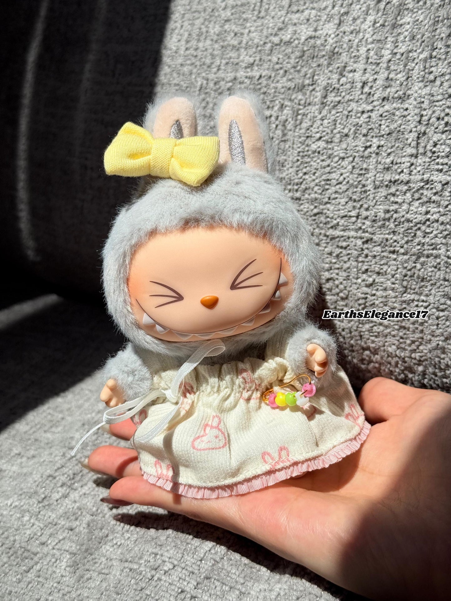 Handmade Labubu Dress with Yellow Bow| Cute Doll Outfit | Miniature Bunny Dress| Collectible Doll Clothes | Custom Doll Fashion