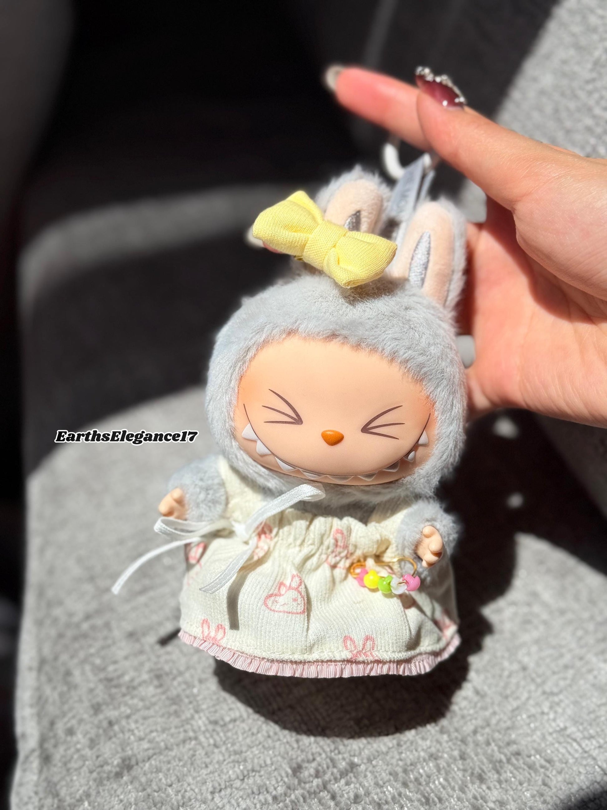 Handmade Labubu Dress with Yellow Bow| Cute Doll Outfit | Miniature Bunny Dress| Collectible Doll Clothes | Custom Doll Fashion