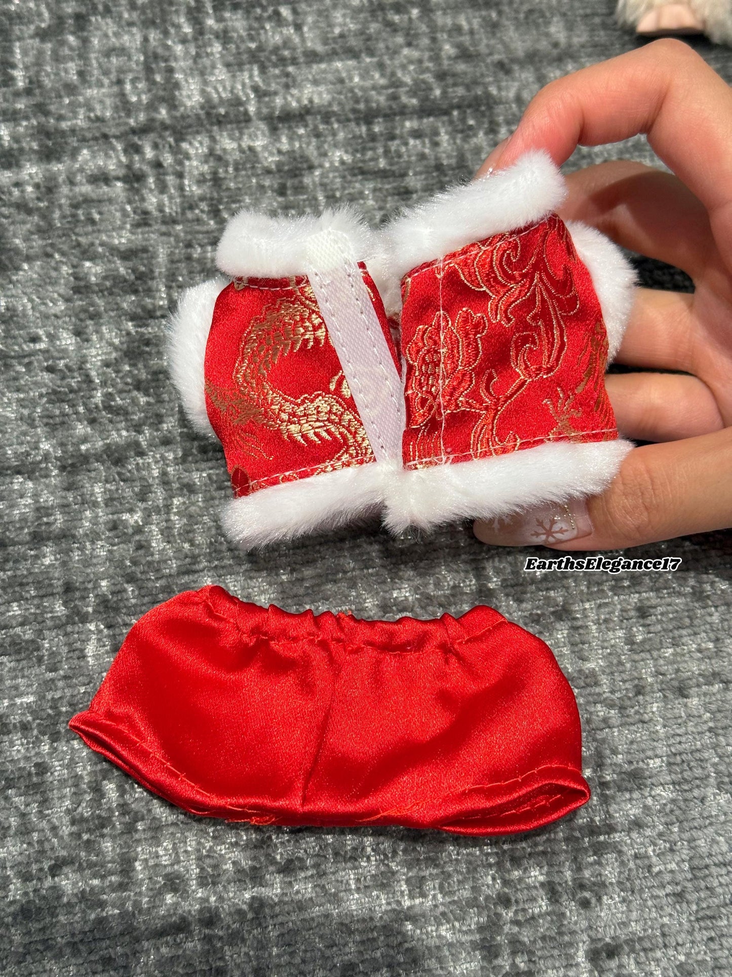 Handmade Chinese New Year Labubu Outfit Red & Gold Traditional Style w/ Faux Fur Trim |Tang-Inspired Dragon Print 2-Piece Set|Labubu Clothes