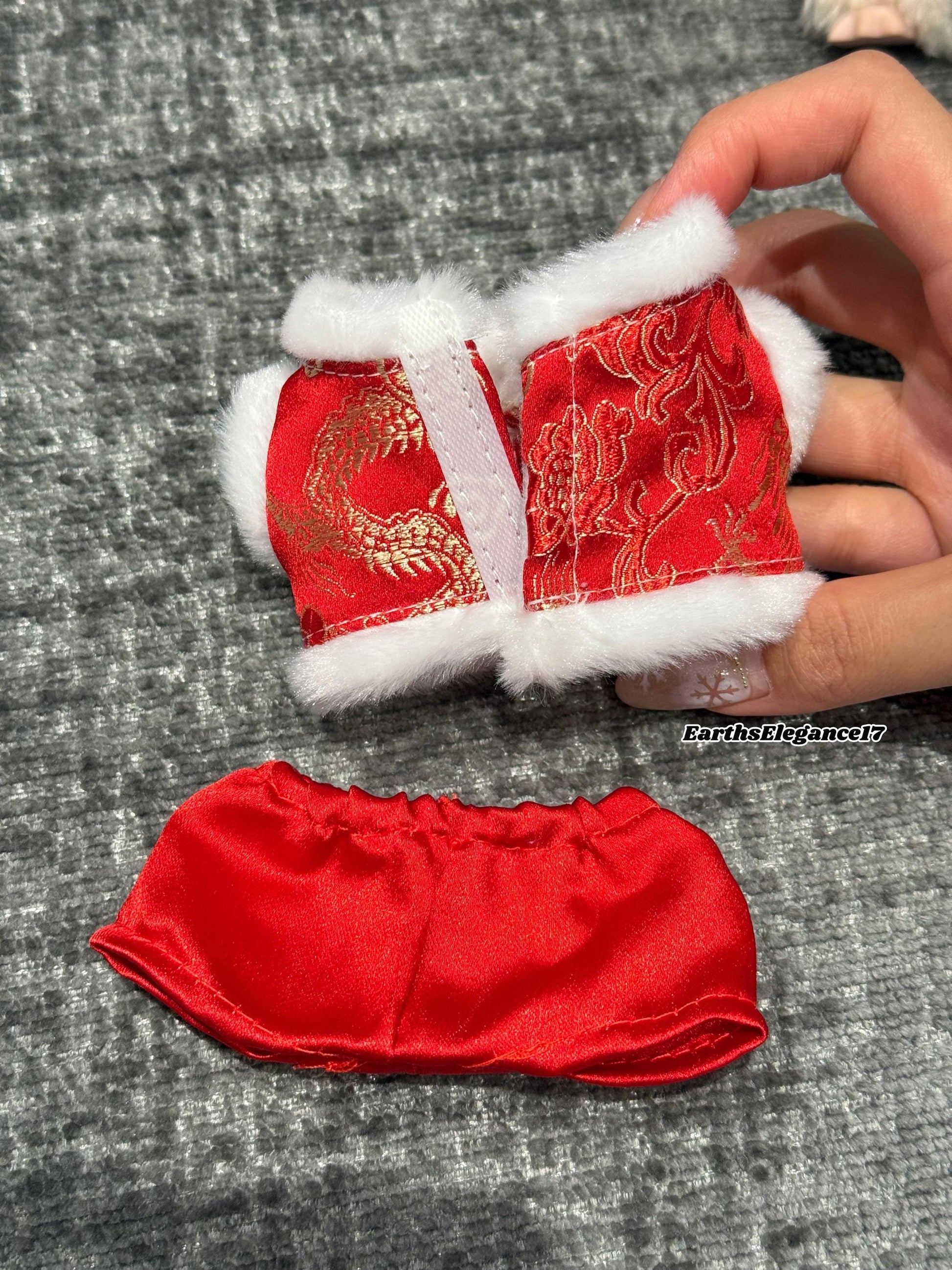 Handmade Chinese New Year Labubu Outfit Red & Gold Traditional Style w/ Faux Fur Trim |Tang-Inspired Dragon Print 2-Piece Set|Labubu Clothes