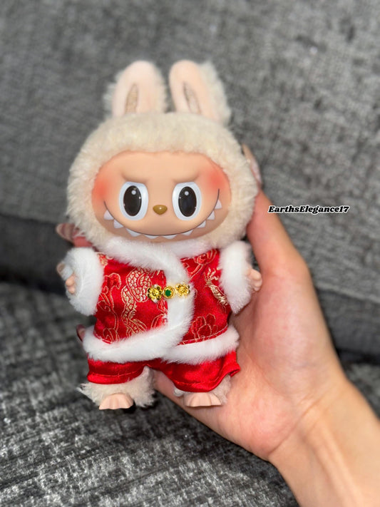 Handmade Chinese New Year Labubu Outfit Red & Gold Traditional Style w/ Faux Fur Trim |Tang-Inspired Dragon Print 2-Piece Set|Labubu Clothes