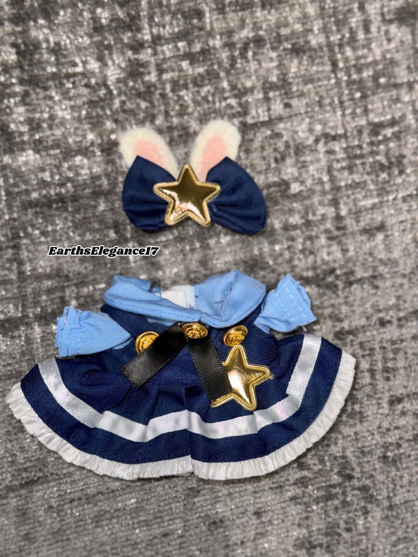 Handmade Navy Blue Multi-Layered Labubu Outfit Fits Macaron Have a Seat Series Ear Bow & Dress Stars, Layers Curvy Trims| Labubu Clothes
