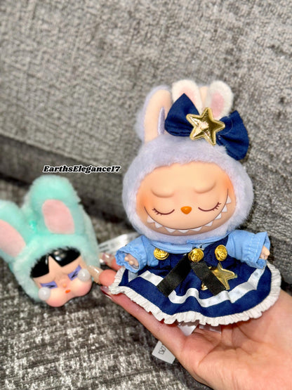 Handmade Navy Blue Multi-Layered Labubu Outfit Fits Macaron Have a Seat Series Ear Bow & Dress Stars, Layers Curvy Trims| Labubu Clothes