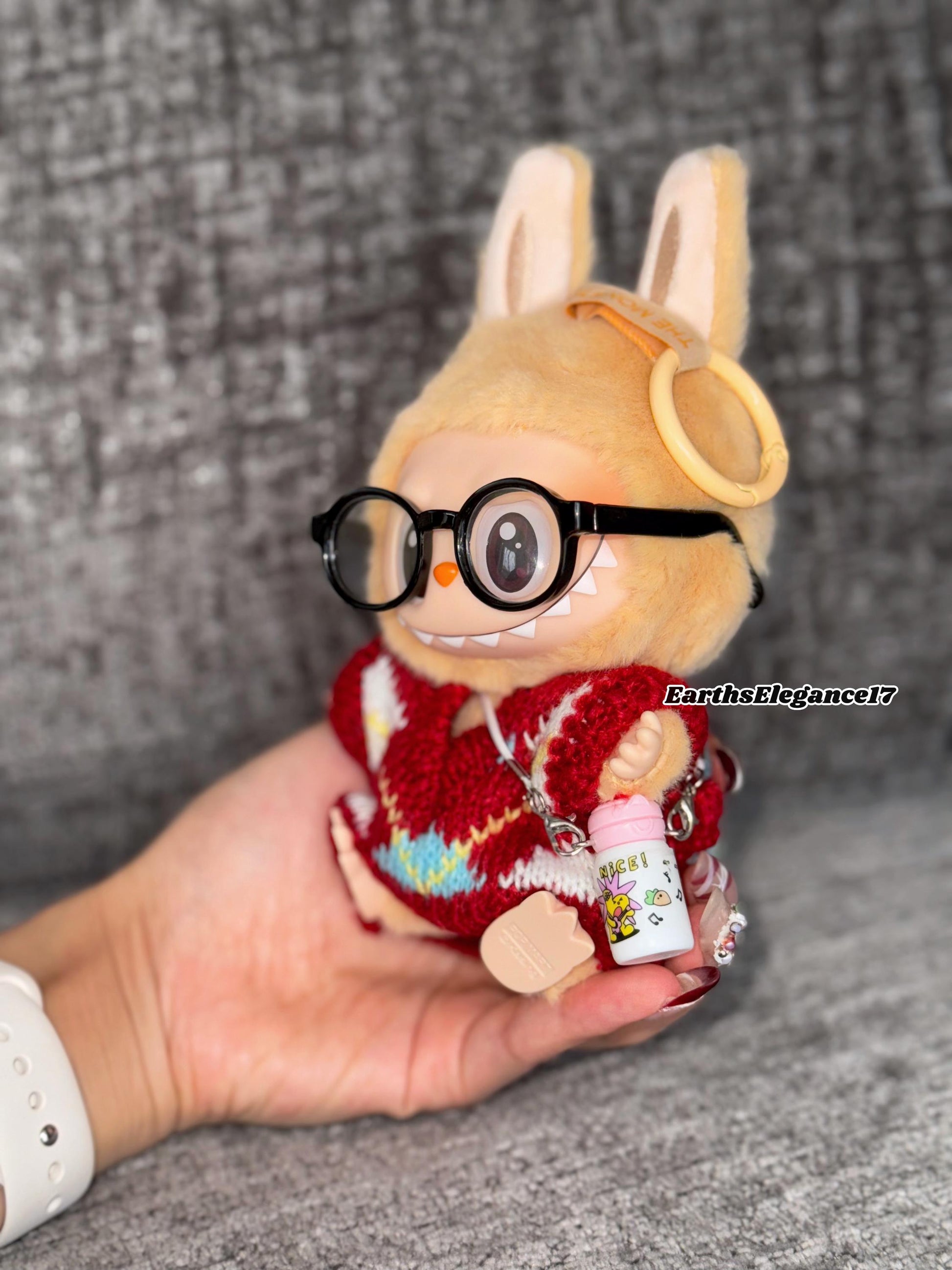 Handmade Knit Labubu Sweater Set – Cozy Red Sweater, Adorable Glasses & Drink Bottle Charm |Doll Clothes for Collectors Gifting|Labubu Cloth