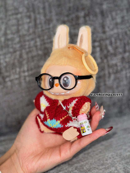 Handmade Knit Labubu Sweater Set – Cozy Red Sweater, Adorable Glasses & Drink Bottle Charm |Doll Clothes for Collectors Gifting|Labubu Cloth