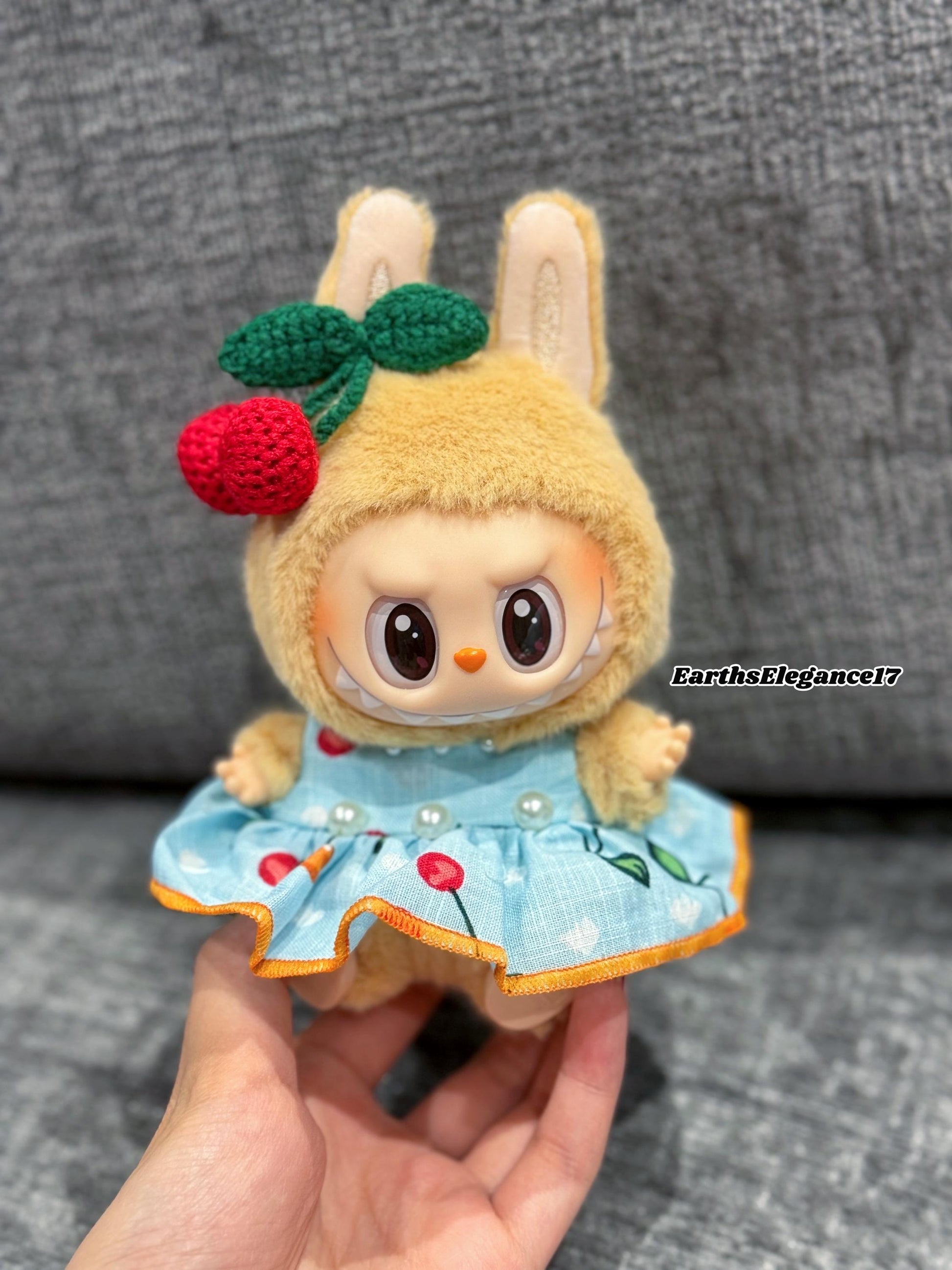 Handmade Labubu Cherry Dress Set for Macaron "Have a Seat" Series | Cotton Fabric Doll Outfit with Crochet Cherry Headpiece| Labubu Dress