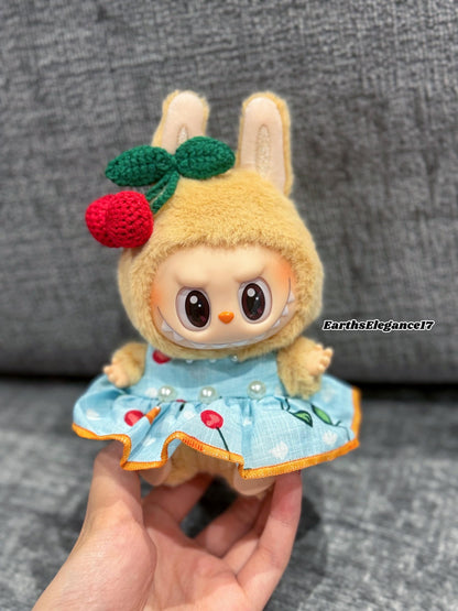 Handmade Labubu Cherry Dress Set for Macaron "Have a Seat" Series | Cotton Fabric Doll Outfit with Crochet Cherry Headpiece| Labubu Dress