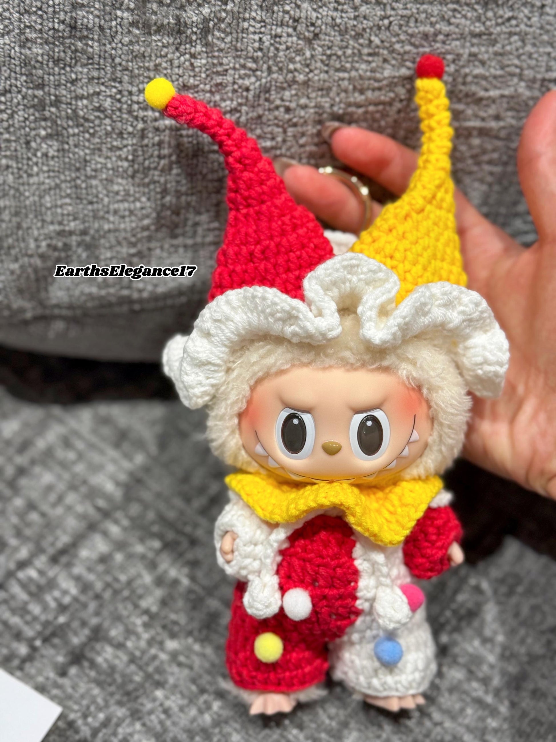 Handmade Crochet Clown Labubu Outfit | Playful Red & Yellow Jester Costume for Labubu Dolls | Perfect Kawaii Gift for Labubu Fans