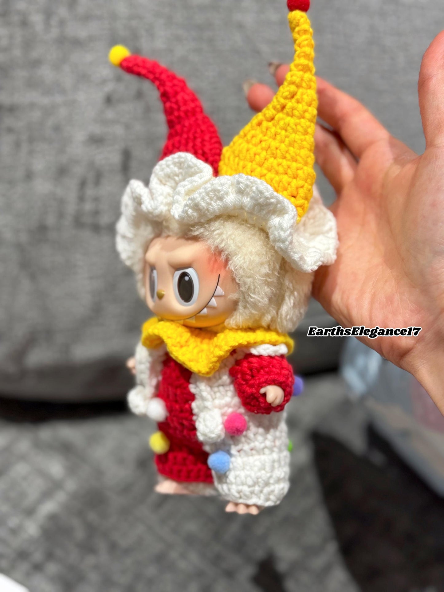 Handmade Crochet Clown Labubu Outfit | Playful Red & Yellow Jester Costume for Labubu Dolls | Perfect Kawaii Gift for Labubu Fans