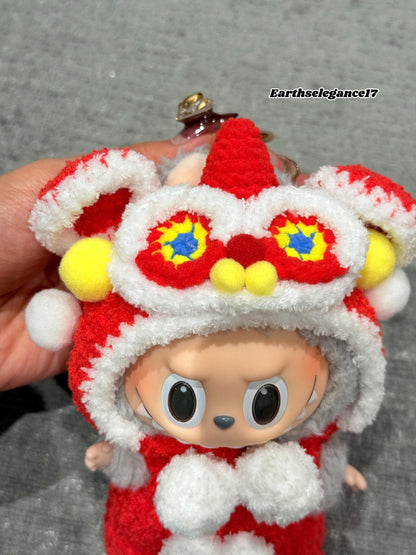 Handmade Chinese Lion Dance Outfit for Labubu Macaron, 17cm Doll Clothes, Crochet Costume, Lunar New Year, Doll Accessories, Gift Idea