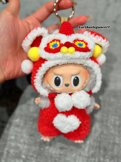 Handmade Chinese Lion Dance Outfit for Labubu Macaron, 17cm Doll Clothes, Crochet Costume, Lunar New Year, Doll Accessories, Gift Idea