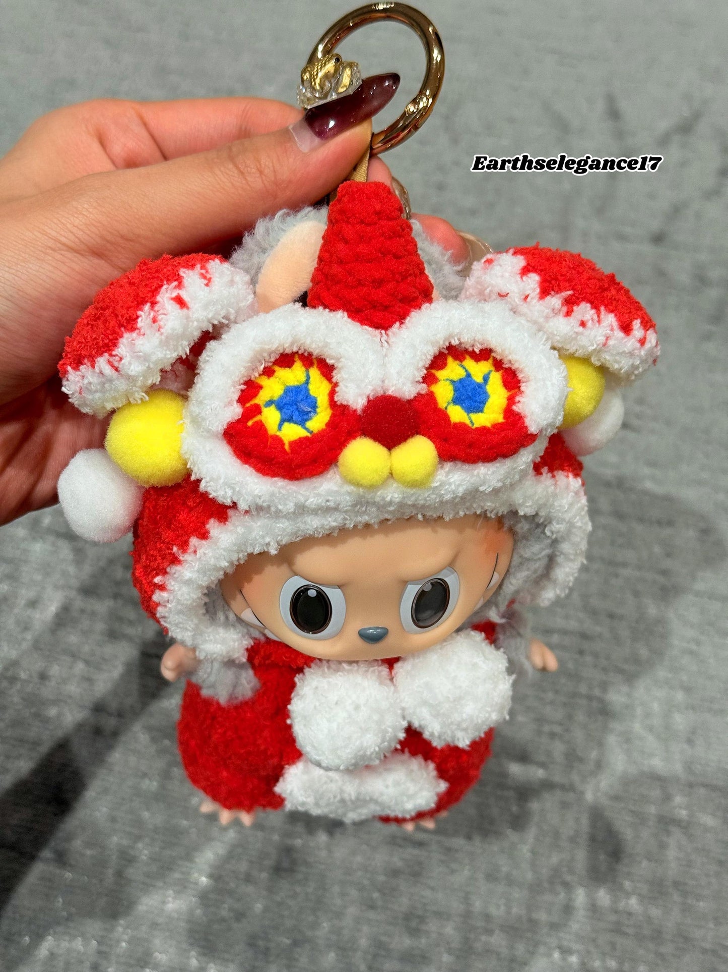Handmade Chinese Lion Dance Outfit for Labubu Macaron, 17cm Doll Clothes, Crochet Costume, Lunar New Year, Doll Accessories, Gift Idea