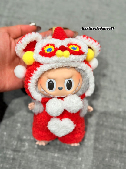 Handmade Chinese Lion Dance Outfit for Labubu Macaron, 17cm Doll Clothes, Crochet Costume, Lunar New Year, Doll Accessories, Gift Idea