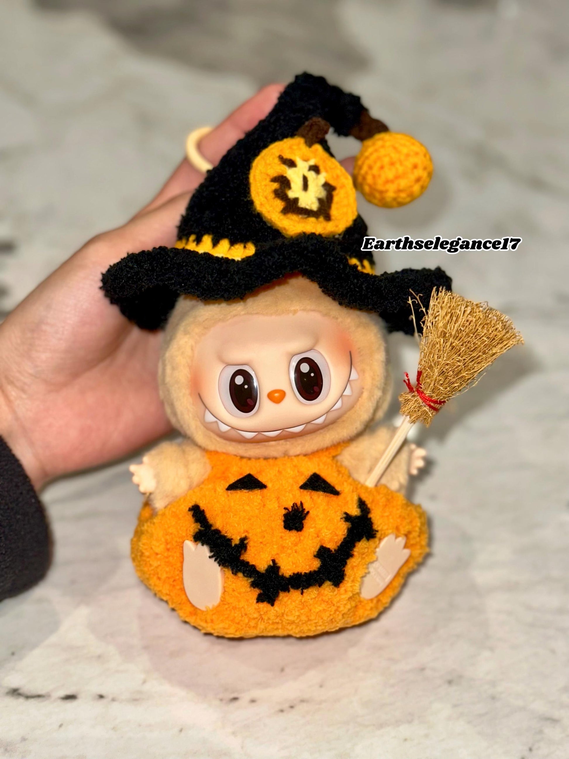 Handmade Halloween Pumpkin Labubu Outfit with Crochet Pumpkin Overalls Hat with Cute Brooch | Kawaii Crochet Clothes for Labubu Lovers