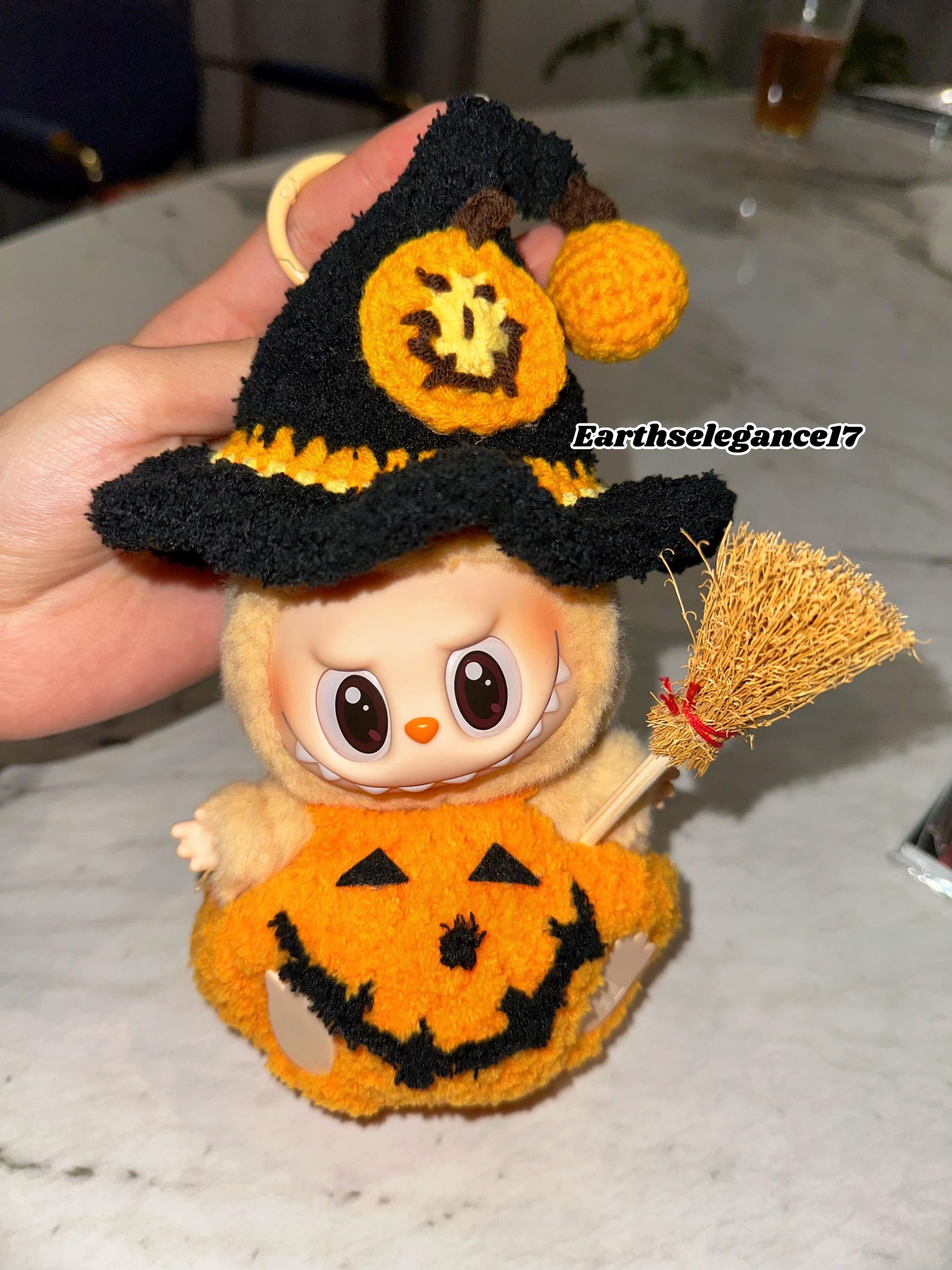Handmade Halloween Pumpkin Labubu Outfit with Crochet Pumpkin Overalls Hat with Cute Brooch | Kawaii Crochet Clothes for Labubu Lovers