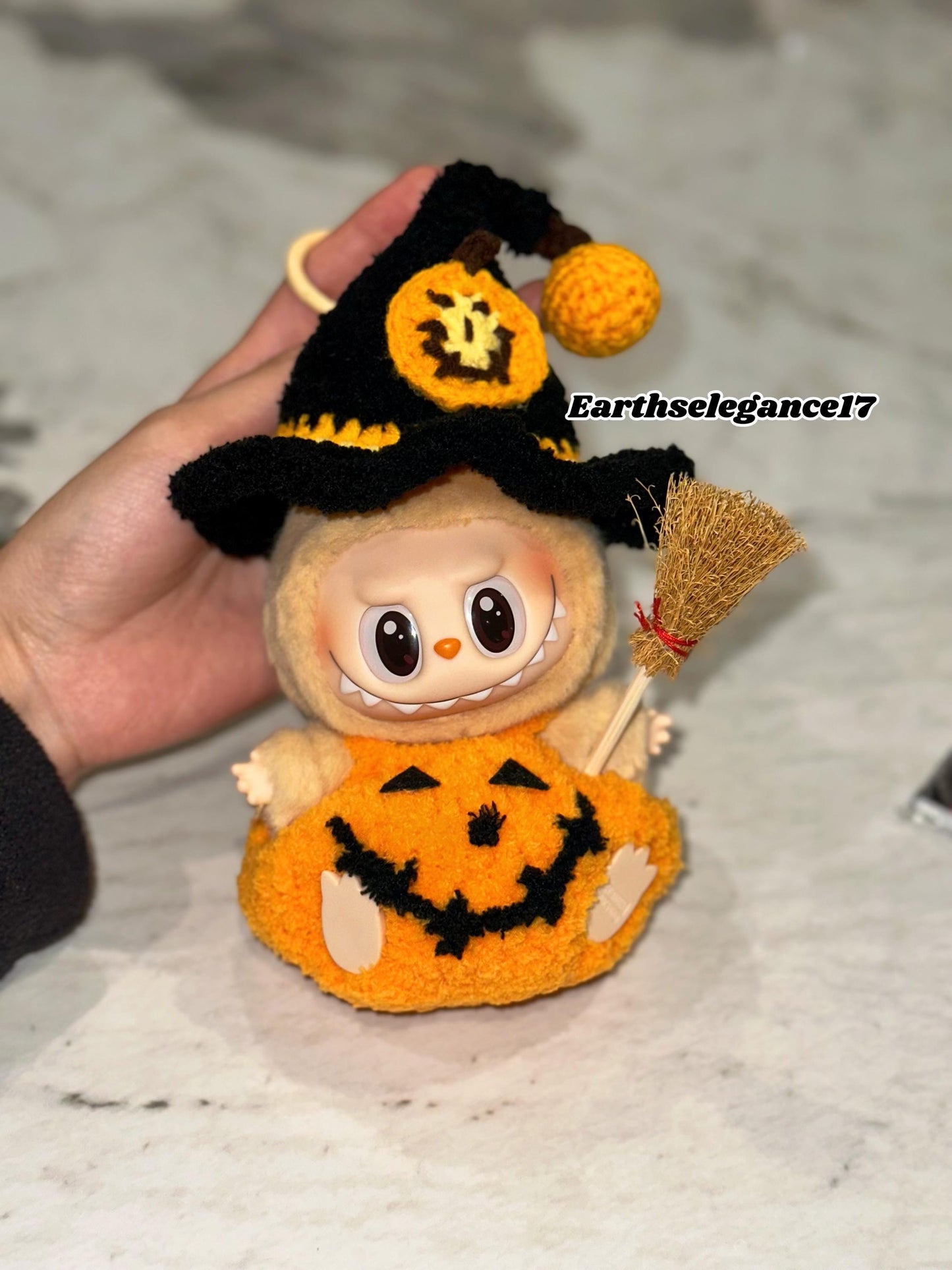 Handmade Halloween Pumpkin Labubu Outfit with Crochet Pumpkin Overalls Hat with Cute Brooch | Kawaii Crochet Clothes for Labubu Lovers