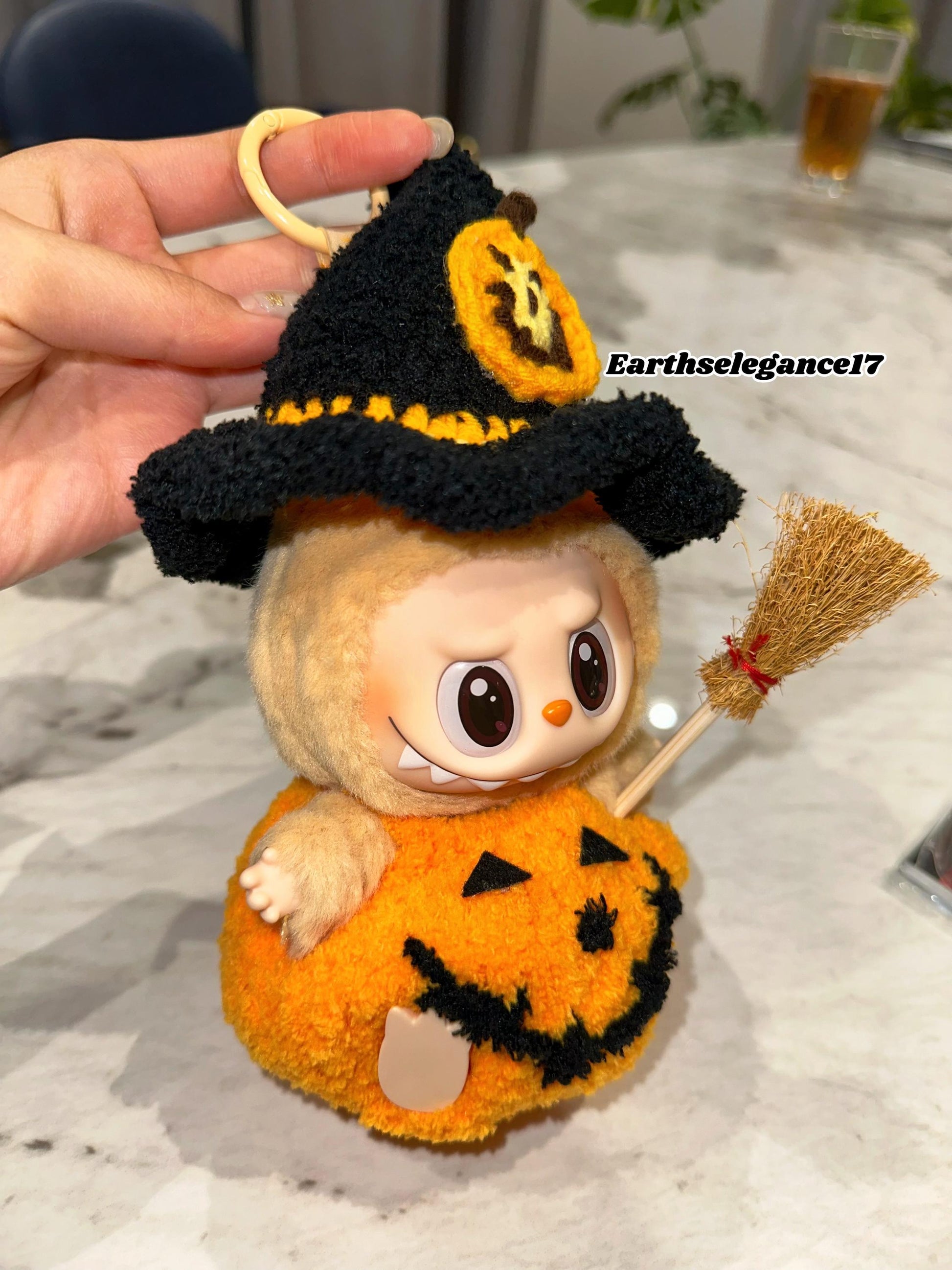 Handmade Halloween Pumpkin Labubu Outfit with Crochet Pumpkin Overalls Hat with Cute Brooch | Kawaii Crochet Clothes for Labubu Lovers