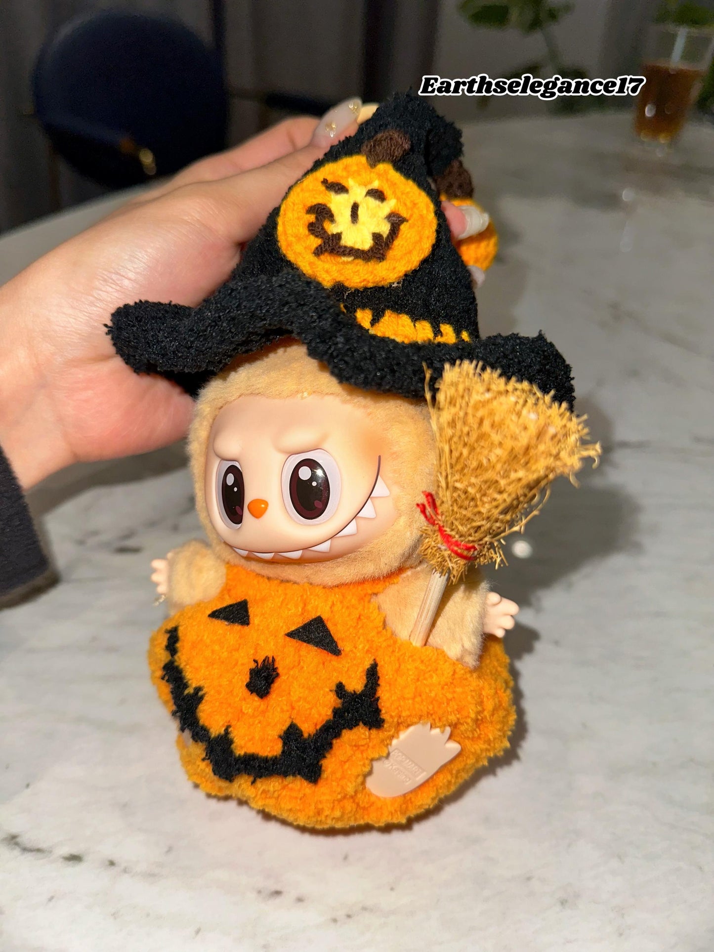 Handmade Halloween Pumpkin Labubu Outfit with Crochet Pumpkin Overalls Hat with Cute Brooch | Kawaii Crochet Clothes for Labubu Lovers