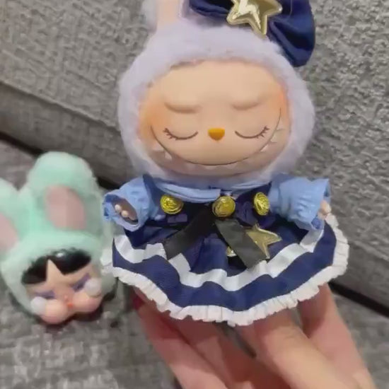 Handmade Navy Blue Multi-Layered Labubu Outfit Fits Macaron  Have a Seat Series Ear Bow & Dress Stars, Layers Curvy Trims| Labubu Clothes