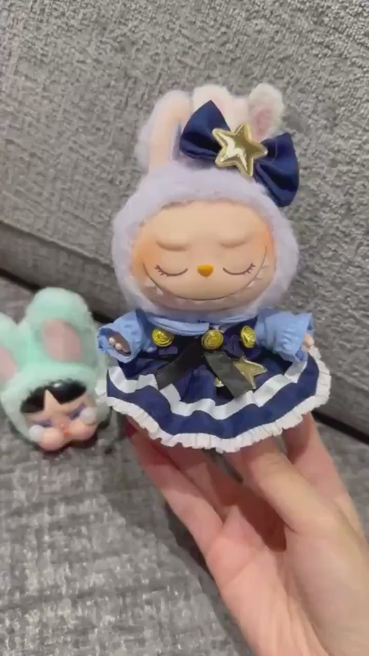 Handmade Navy Blue Multi-Layered Labubu Outfit Fits Macaron  Have a Seat Series Ear Bow & Dress Stars, Layers Curvy Trims| Labubu Clothes