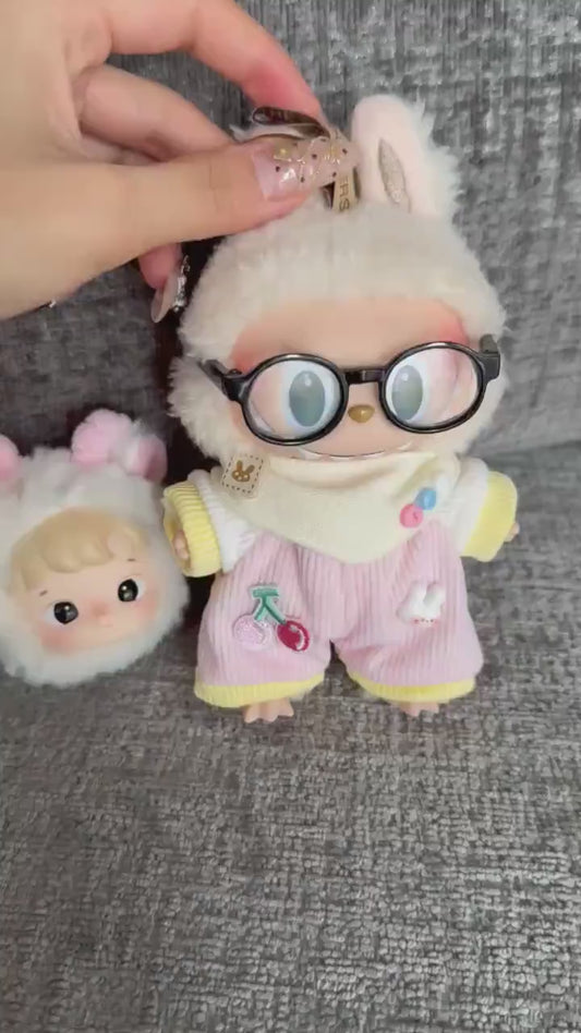 Handmade Kawaii Labubu Baby Bodysuit Set – Pink & Yellow Trim, Adorable Bib, Bunny Cherry Charms, with Glasses | Cute Doll Outfit Gift
