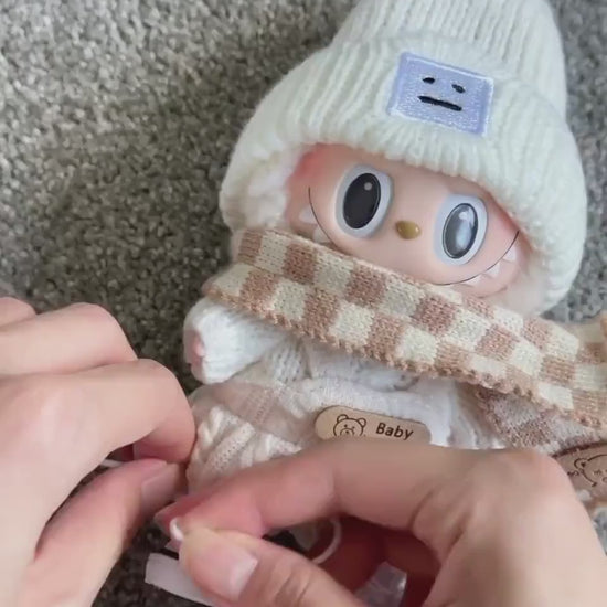 Cozy Winter Wonderland Knit Outfit for Labubu Dolls White Knit Sweater Cute Overall Beanie Scarf and White Sneakers Handmade Dressmaking Set